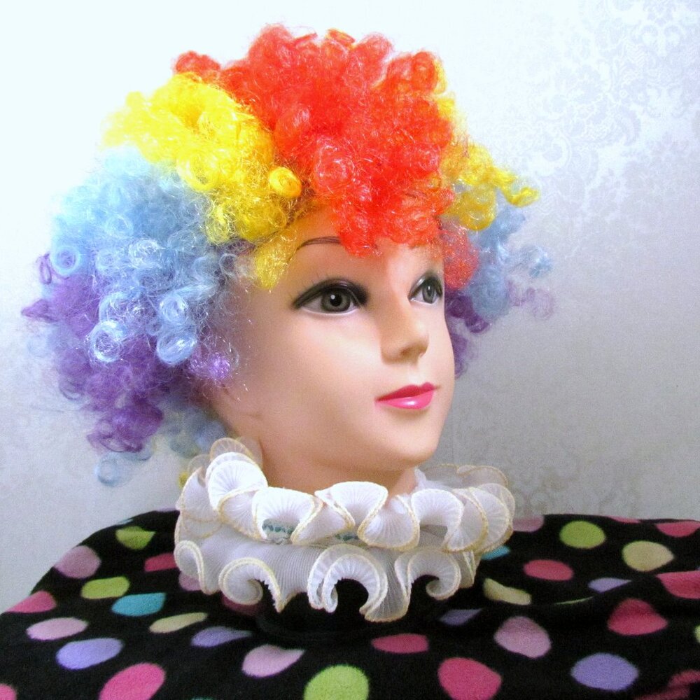 CLOWN OUTFIT: CURLY RAINBOW WIG, CIRCUS NECK RUFF, POLKA DOT COSTUME PANTS
